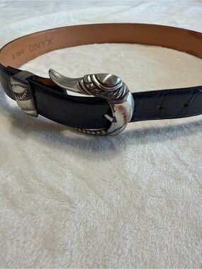 Onyx Black Leather Belt with Ornate Silver Buckle